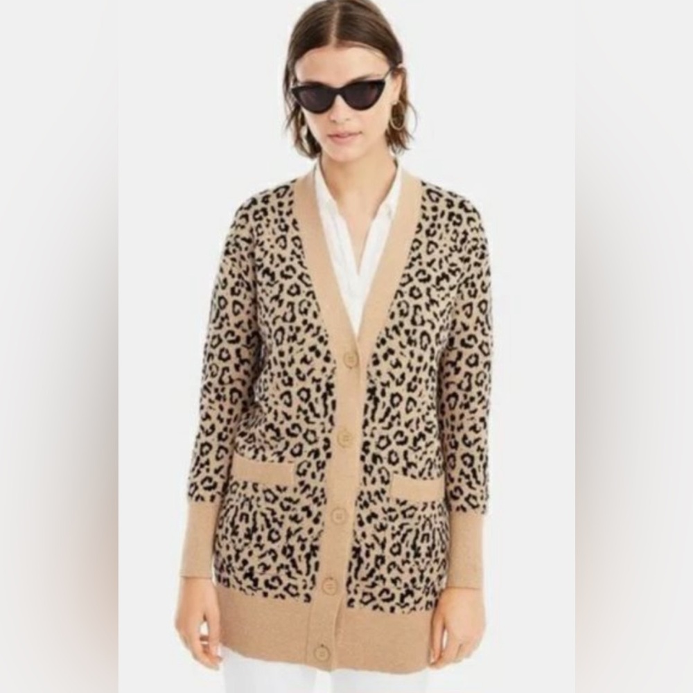 J. Crew V-neck cardigan sweater in leopard jacquard. Size XXS but oversized
